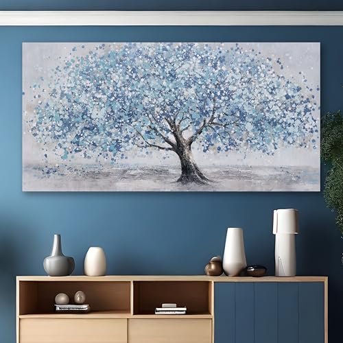 Tree of Life Wall Art Blue Tree Picture Wall Decor Artwork Framed Abstract Canvas Painting Nature Decor for Living Room Bedroom Bathroom Office Home Decor 58"x29"Can Be Hung Directly - color: Blue, size: 58"L x 29"W