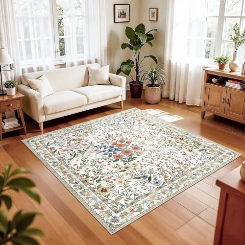 5x5 Living Room Area Rug Washable: Floral Non-Slip Mats for Indoor Floor Entryway Dining Room Bedroom - Soft Thin Carpet for Vintage Neutral Home Decor (5ft Square, Beige) - color: Beige, size: 5x5
