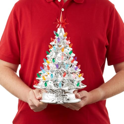 Casafield Hand Painted Ceramic Christmas Tree, Silver 15-Inch Pre-Lit Tree with 128 Multi Color Lights and 2 Star Toppers - color: Silver