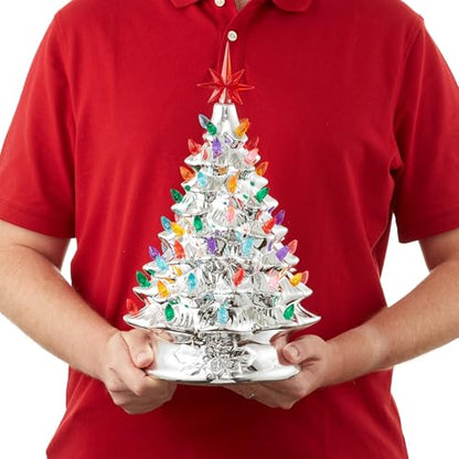 Casafield Hand Painted Ceramic Christmas Tree, Silver 15-Inch Pre-Lit Tree with 128 Multi Color Lights and 2 Star Toppers - color: Silver