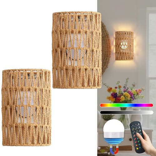 Battery Powered Wall Sconce, Rattan Rechargeable Wall lamp, Bohemian Wall Sconces with Remote Control RGB Dimmable, Wireless Wall Sconce Set of 2 for Bedroom, Hallway, Living Room