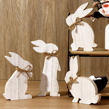 Easter Decorations: 4 pcs Rustic Wooden Easter Bunny Table Signs, Farmhouse Freestanding Tiered Tray Decor for Home Gifts, White