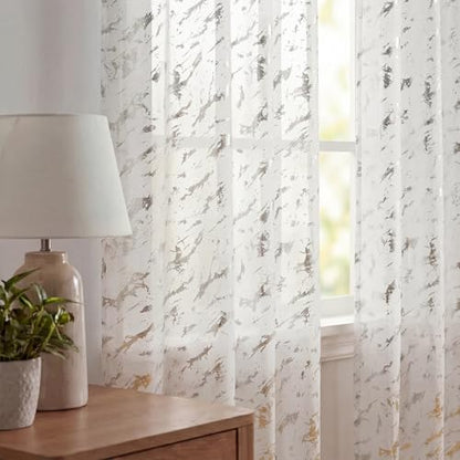 Horaldaily 2Pcs White Sheer Curtains 52x63in, Silver Sequin Marble - color: White and Sliver, size: 52"W x 63"L (Pack of 2)