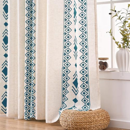 Blue Boho Sheer Linen Curtains 96 Inch for Living Room 2 Panels - color: Geometric-blue, size: 52"W x 96"L (Pack of 2)