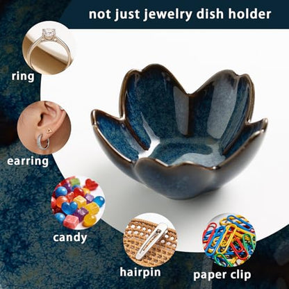 Mecaikru Ceramic Jewelry Tray, 3.5 in Flower Ring Dish with Gift Box & Card - color: blue