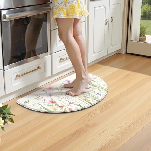 KIMODE Anti Fatigue Mat for Kitchen Floor, Half Circle Kitchen Floor Mats - color: Floral/White, size: 28"L x 18"W x 0.5"Th (Semicircular)