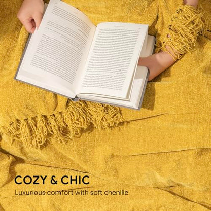 RECYCO Chenille Throw Blanket for Couch, 50"x60", Mustard Yellow - color: Mustard Yellow, size: 50'' X 60''