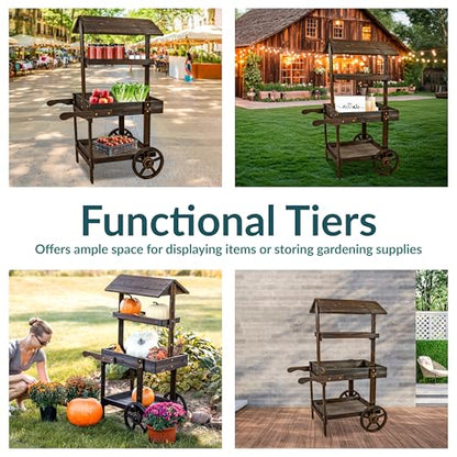 Sunnydaze Flower Cart Display Stand with Wheels, Pine Wood, 49” H, Brown - color: Pine