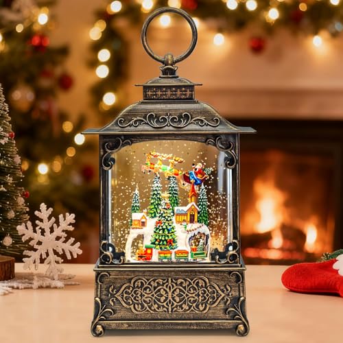 SUNFACE Christmas Snow Globe Lantern, Santa Claus Sleigh Train Light Up Musical Snow Globes with 6H Timer, 3 AA Battery & USB Powered, Glitter Water Globe Indoor for Kids Women Adults - color: Train Christmas Tree Sleigh 102