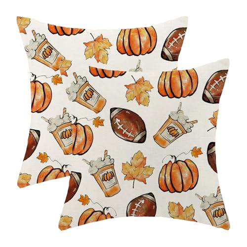 Fall Pillow Covers 18x18 Set of 2 Orange Pumpkin Football Maple Leaf Throw Pillow Cover Outdoor Autumn Thanksgiving Decoration Pumpkin Pillowcase Farmhouse Decorative Cushion Case for Home Sofa - color: Football Pumpkin 1, size: 18" x 18" (Pack of 2)