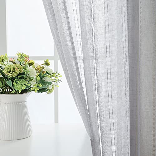 Demetex Lace Sheer Curtains Grey Stripe Small Window Curtain Panels Semi Sheer for Bedroom Curtain, Set of 2, 54 x 45 Inch, Light Gray - color: Striped Grey, size: 54"W x 45"L (Pack of 2)