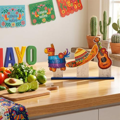 Smile Cinco De Mayo Standing Wooden Decor Set, 3-Piece Mexican Fiesta Wooden Cutouts (Sombrero, Guitar, Piñata) for Tabletop & Party Display - style: De Mayo