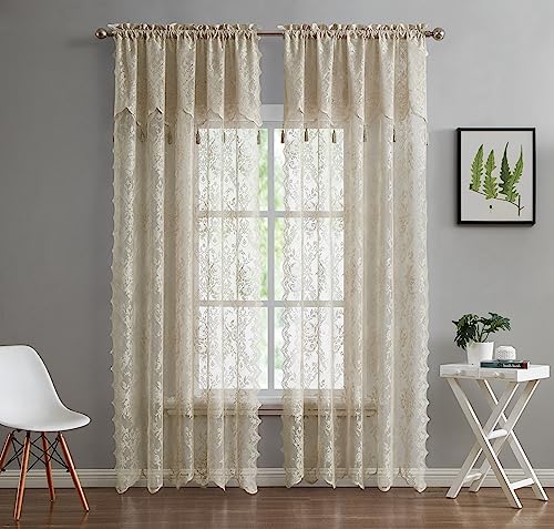 LinenZone 54 x 84 Linen Lace Curtains with Tassels. (Luna 54x84, Linen) - color: Linen, size: 54"W x 84"L (Pack of 2)