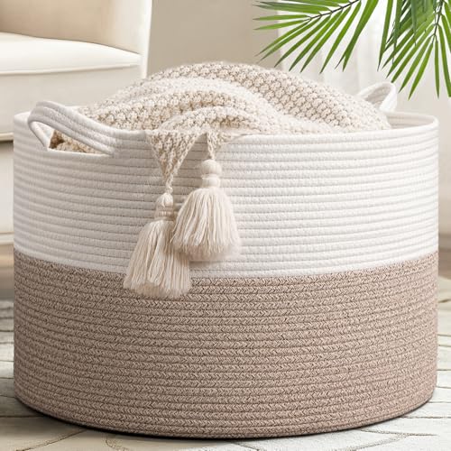 Goodpick 65L Large Woven Rope Basket for Blankets Living Room, 65L - color: Light Brown, size: 19.7x19.7x12.6 Inch (Pack of 1)