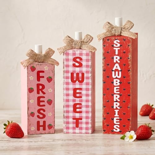 MiniInflat 3 Pcs Summer Strawberries Table Decor, Fruit Wooden Block Sign - style: Strawberries