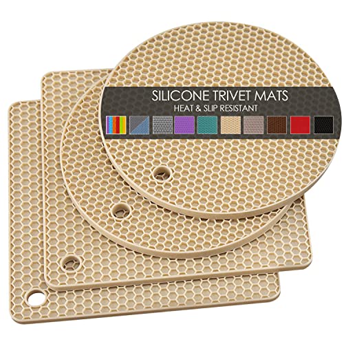 4 Pack Silicone Trivets for Hot Pots and Pans, Pot Holders Hot Pads, Non-Slip & Heat Resistant Silicone Mats for Kitchen Counter, Soft Durable Drying Mat, Jar Opener and Coasters (Beige) - color: 2 Square+2 Round, Beige, size: 7x7in