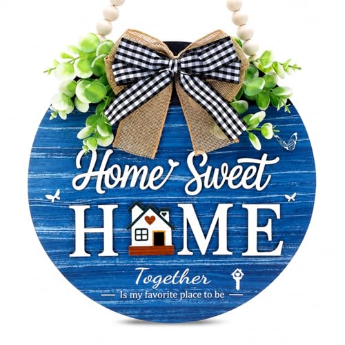 Welcome Sign for Front Door, Wooden Home Sweet Home Decor Outdoor, 3D Farmhouse Hanging Door Wreath with Artificial Greenery, Porch Welcome Sign Hanger All Year Round (Blue) - color: Blue