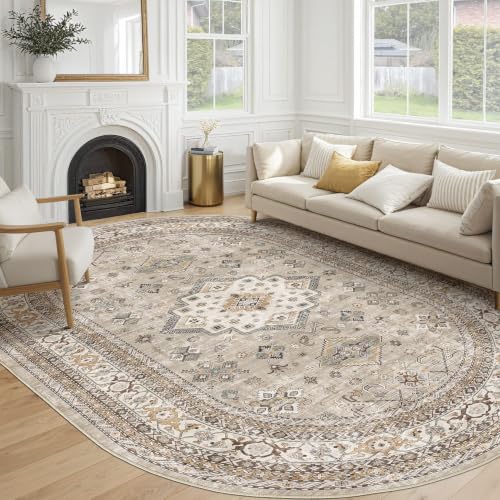 cotiled 8x12 Ellipse Area Rug for Living Room, Washable, Traditional, Beige - color: Beige, size: 8' x 12' (Oval)