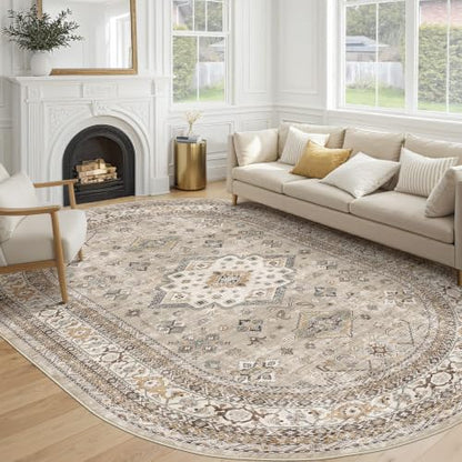 cotiled 8x12 Ellipse Area Rug for Living Room, Washable, Traditional, Beige - color: Beige, size: 8' x 12' (Oval)