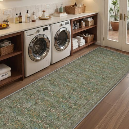 Washable 2'6" x 10' Runner Rug, Floral Green Rug Runner,Dark Green - color: Dark Green, size: 2'6" x 10' (Runner)