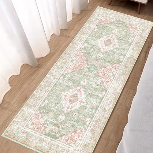 Vhong Washable Area Rugs Boho Vintage Modern Neutral Small Carpet Green and Pink High Traffic Rugs 2×6 for for Kitchen Hallway Living Room Non Slip - color: Green/Pink, size: 2' x 6' (Runner)