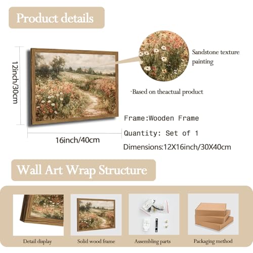 Vintage Floral Wall Art Nature Country Wildflower Wall Decor Painting Modern Botanical Flower Farmhouse Landscape Artwork 3D Textured Sandstone for Living Room Bedroom 12x16 inch Wood Framed - color: Color A, size: 16"L x 12"W