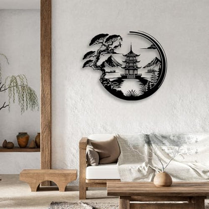LIYOUYA Bonsai Tree Torii Gate Metal Wall Decor - Japanese Style Room Decor Black Wall Art Home Decor for Living Room, Bedroom, Dining Room (Black)
