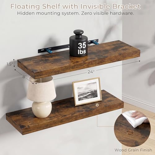Vivelove 8 Inch Deep Floating Shelves, 24 x 8 Inch，Rustic Brown, Set of 2 - color: Rustic Brown, size: 24"Wx8"Dx1.4"H
