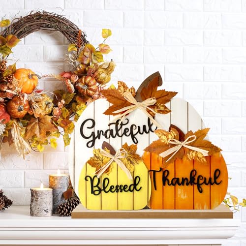 Fall Decorations for Home, Wooden Pumpkin Tabletop Sign Blessed Grateful Thankful Fall Decor for Home Farmhouse Living Room Harvest Day Thanksgiving Decor