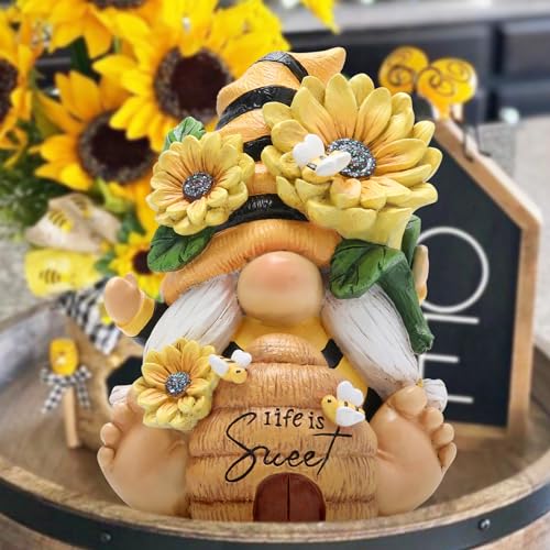Hodao Bee Gnome Figurine Resin Sunflower Garden Decor Indoor Outdoor - style: Whimsical
