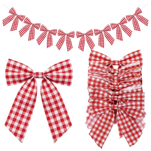 Flutesan 8 Ft Red Gingham Bow Garland Fabric Banner Farmhouse Decoration - color: Red, White, style: Gingham