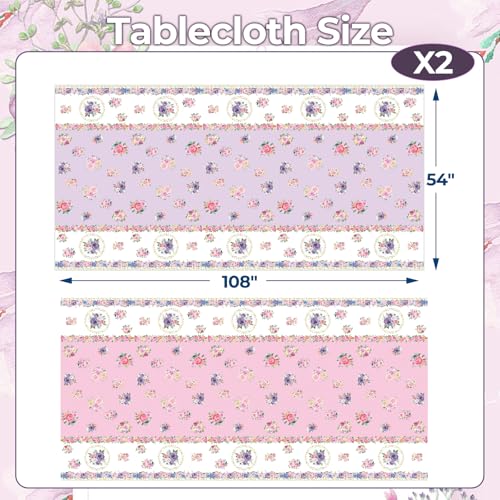 Tea Party Floral Tablecloths, 54×108 Inch Pink Purple Spring Flowers Plastic Tea Party Girls Dessert Time Birthday Tablecloth, Disposable Rectangle Table Cover Decorations Supplies - color: Tea Party