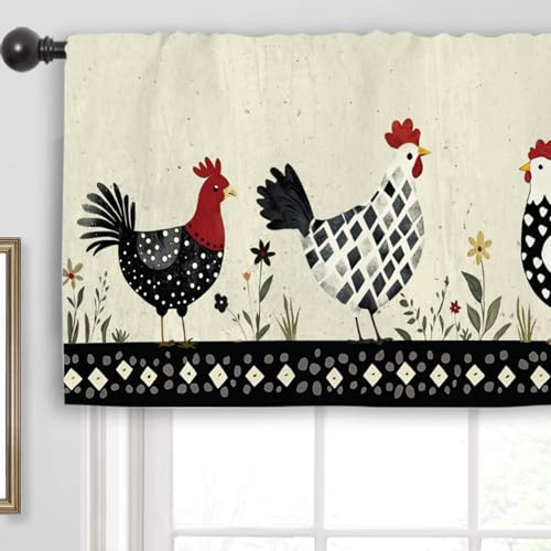 Miyotaa Rooster Chiken Kitchen Curtain Valance 54W x 18H Rod Pocket Farmhouse Rustic Rural Farm Country Window Treatment for Living Room Bedroom Bathroom - color: Cute Farm Rooster, size: 54"W x 18"L (Pack of 1)