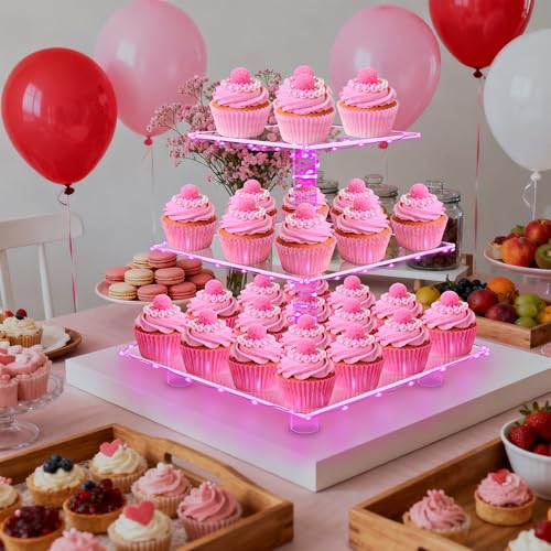 YestBuy 3 Tier Cupcake Stand with Pink Light, Cupcake Tower for 24 Cupcakes - color: Pink, size: 3 Tier Square