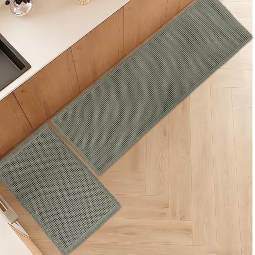 Luxury Waffle Bath Mat, Super Absorbent Non Slip Bathroom Rugs, Boho Ultra Soft Comfort Machine Washable Quick Dry Floor Mats with Tassels (Olive Green, 17" x 24" + 24" x 72") - color: Olive Green, size: 17" X 24" + 24" X 72"
