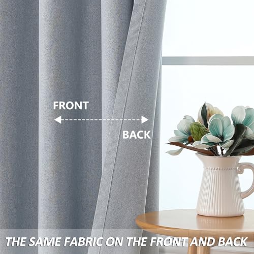 THOOO 100% Blackout Curtains Natural Linen Textured Blackout Curtains 63 Inch Length for Bedroom Living Room Nursery, Farmhouse Thermal Insulated Grommet Curtains Room Darkening 2 Panels,Light Blue - color: Light Blue, size: 52"W x 63"L (Pack of 2)