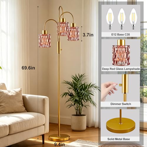 Red Glass Floor Lamp 3-Light 70" Gold Dimmable Modern Tall Standing Lamps - color: Deep Red Cylinder-Gold