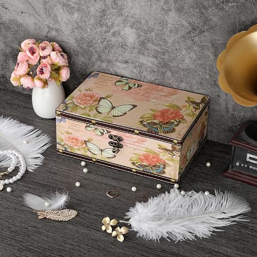 ELLDOO Butterfly Treasure Chest Box, Wooden + PU Leather Storage Decorative Box for Jewelry Trinkets Photos, Rectangular Keepsakes Box for Girls Women Gifts