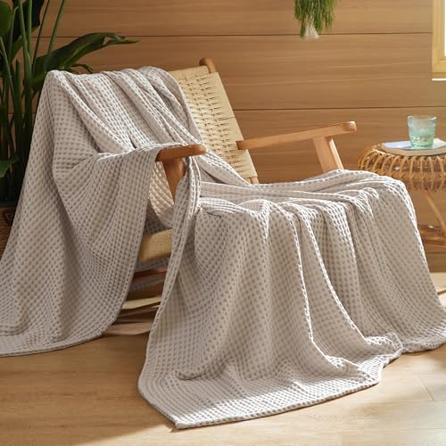 Bedsure Lightweight 100% Cotton Waffle Blanket, Throw XL, Linen - color: Linen, size: Throw Xl (50" X 70")