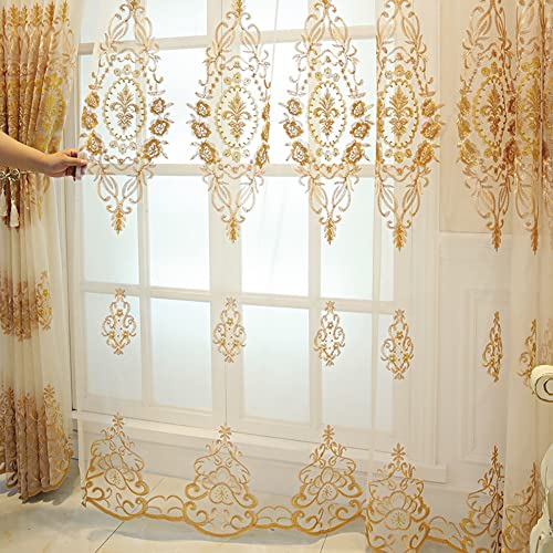 Amidoudou 1 Pair European Jacquard Sheer Curtains for Living Room Bedroom Luxury Embroidered Tulle Curtains (Gold,52x90 Inch) - color: Gold, size: 52"W x 90"L (Pack of 2)