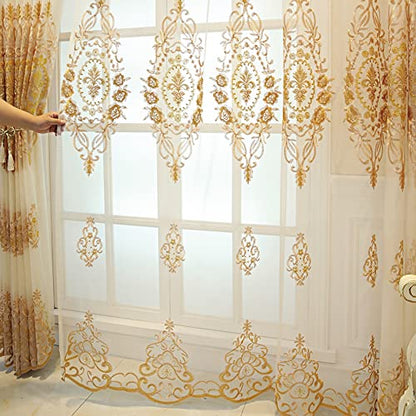 Amidoudou 1 Pair European Jacquard Sheer Curtains for Living Room Bedroom Luxury Embroidered Tulle Curtains (Gold,52x84 Inch) - color: Gold, size: 52"W x 84"L (Pack of 2)