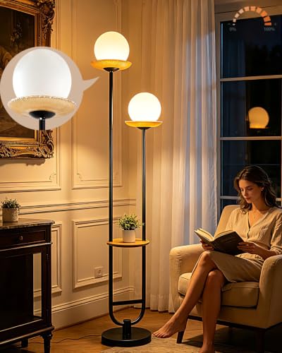 Lightdot 2-Globe Floor Lamp Dimmable with Amber Glass Tray Black Floor Lamp - color: Amber-2U Black