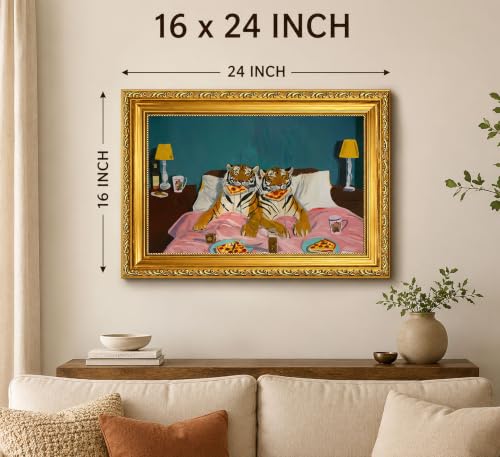 Vintage Gold Framed-Funny Tiger Wall Art Picture,Humorous Tigers Eating Pizza in Bed Wall Decor,Dopamine Animal Poster Print for Living Room Bedroom kitchen 16x24in - color: Tiger, size: 24"L x 16"W