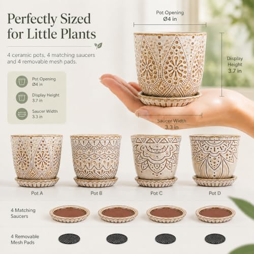 Gepege Ceramic Succulent Pots, 4 Inch Small Plant Pots with Drainage - color: Cream White, size: 4 Inch - Set of 4