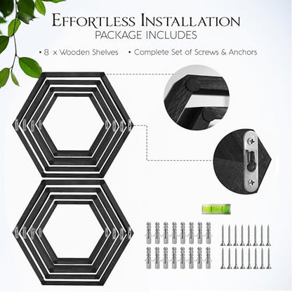 Hexagon Floating Shelves Set of 8 Honeycomb Shelves for Wall, Wooden Hexagon Shelves for Farmhouse Storage - color: Carbonized Black