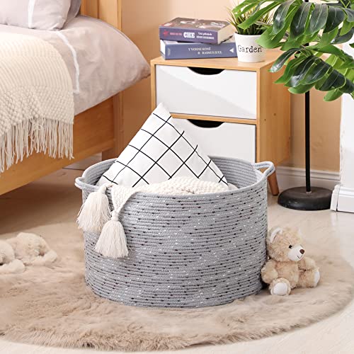 KAKAMAY Large Blanket Basket (20"x13"),Woven Baskets for storage Baby Laundry Hamper, Cotton Rope Blanket Basket for Living Room, Laundry, Nursery, Pillows, Grey with Blue & Brown Dotted - color: Grey Dot