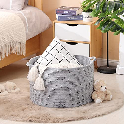 KAKAMAY Large Blanket Basket (20"x13"),Woven Baskets for storage Baby Laundry Hamper, Cotton Rope Blanket Basket for Living Room, Laundry, Nursery, Pillows, Grey with Blue & Brown Dotted - color: Grey Dot