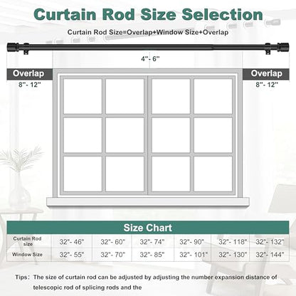 Ottsuls Curtain Rods for Windows, 32 to 132 or 143 Inches Max Adjustable Length, 1 Inch Diameter, Black Decorative Curtain Rod Set, Rustproof Heavy Duty Metal Pole with Brackets - size: 32" to 132"