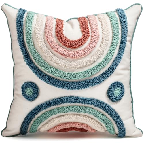 Throw Pillow Covers 18x18 - Tufted Decorative Pillow Cover with Zipper for Couch Sofa Bed Living Room Aesthetic Soft Spring Summer Abstract Textured Striped Indoor Pillowcase, Rainbow - color: Two Rainbow, size: 18" x 18" (Pack of 1)
