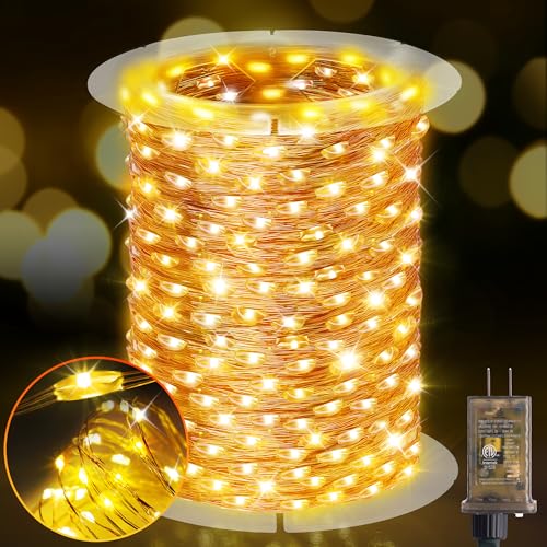 KNONEW 203FT 600LED Outdoor Fairy Lights Plug in Warm White Christmas Decor - color: Warm White, size: 203FT 600 LED Copper-colored wire